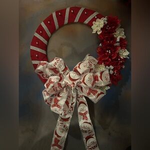 Festive Red and Silver Snowman Holiday Wreath